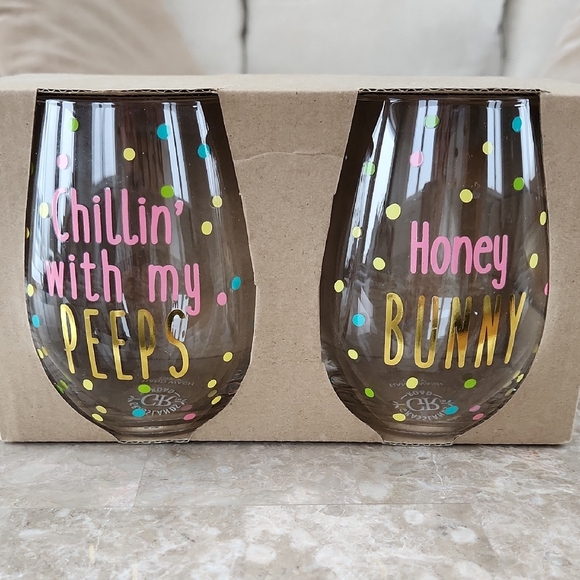Colorful Polka Dot Stemless Wine Glass Set, great for Easter! 2 glasses, NWOT - Picture 1 of 2